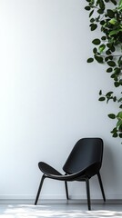 Fototapeta premium Modern Black Lounge Chair in Minimalist Interior with Greenery