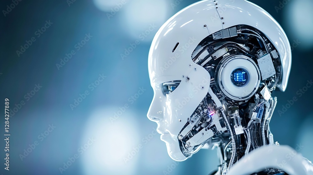 Poster A futuristic robotic face rendered with intricate technology in a hightech environment : Generative AI