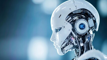 A futuristic robotic face rendered with intricate technology in a hightech environment : Generative AI