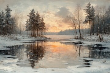Enchanting winter sunset over a tranquil lake surrounded by pine trees and soft snow