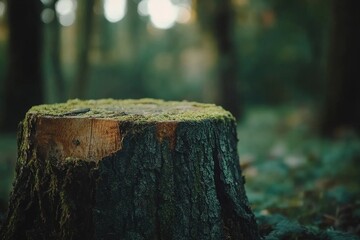 Tree stump wooden cut with green moss in the forest. Nature background. High quality photo