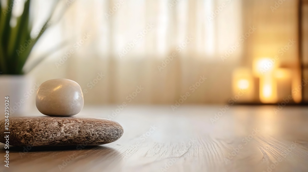 Poster serene arrangement of smooth stones with warm ambiance and soft lighting in a tranquil interior spac
