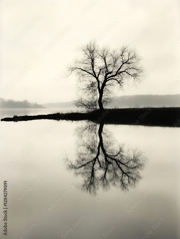 Poster stunning silhouette of a lone tree reflecting on calm waters during a misty morning : generative ai