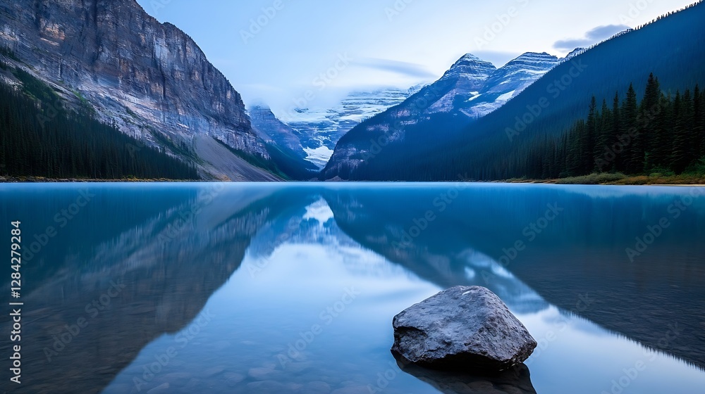 Poster tranquil lake reflecting majestic mountains and a serene sky during twilight hours : generative ai