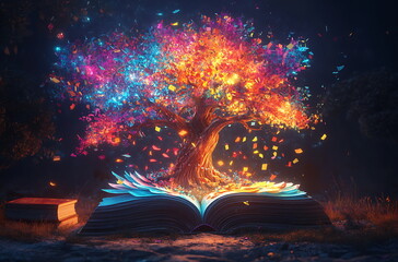Obraz premium World philosophy day concept with tree of knowledge planting on opening old big book in library.