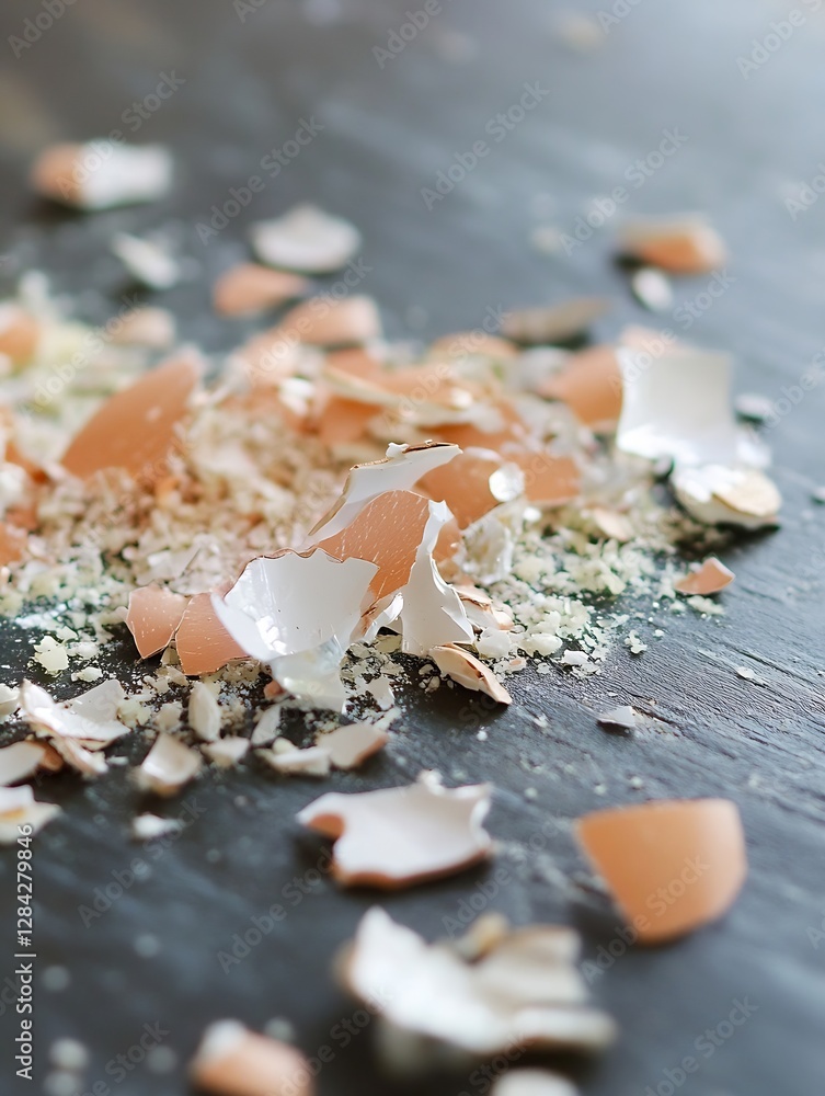 Poster Close up of broken eggshells scattered on a dark surface highlighting their delicate texture and colors : Generative AI