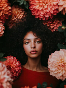 Ett konstn&auml;rligt portr&auml;tt av en ung kvinna med naturligt lockigt h&aring;r, inramad av frodiga blommor i nyanser av korall och rosa.