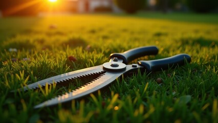 Pruning tools on grass, Bird's-eye view of pruning loppers on a lawn at sunset warm light casting...