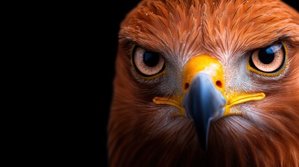 Naklejka premium Close-up of a fierce eagle showcasing sharp eyes and detailed feathers against a dark background.