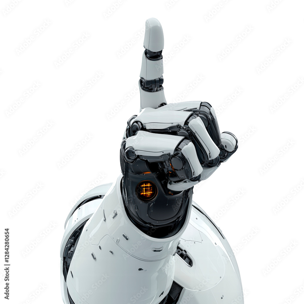 Poster white robot hand finger pointing isolated on transparent background