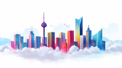 Fototapeta premium Futuristic city skylines emerging from clouds with modern skyscrapers and towers. Ethereal City Skyline. Illustration
