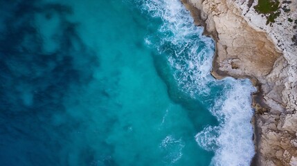 Aerial view of crystal clear turquoise ocean waves crashing against rocky coastline in natural beauty : Generative AI