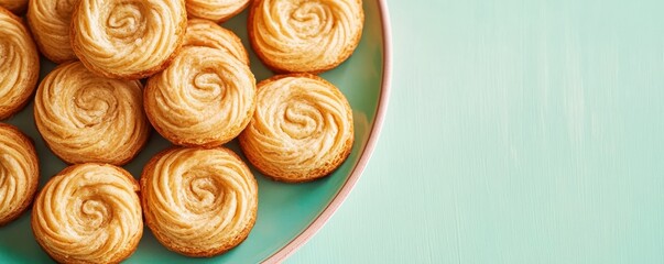 Fototapeta premium Close-up of delicious swirl cookies on a plate with pastel background