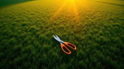 Pruning tools on grass, Bird's-eye view of pruning scissors on a lawn at sunset long shadows...