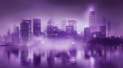 Fototapeta premium Purple city skyline reflected in misty water at night. Ethereal City Skyline. Illustration