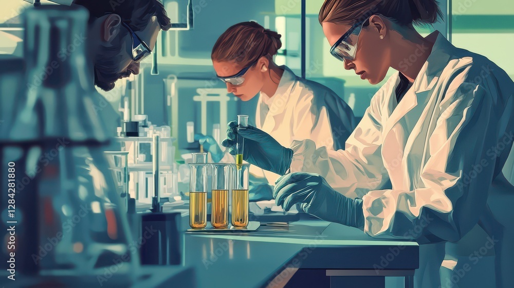 Poster diverse scientists in lab coats conduct experiments with test tubes in modern laboratory