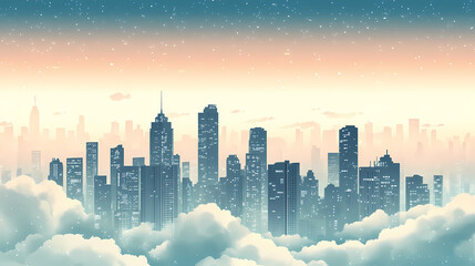 Seamless pattern city skyline over the clouds repeatable pattern. Ethereal City Skyline. Illustration