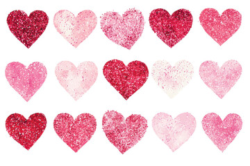 Various glittery hearts in shades of pink and red