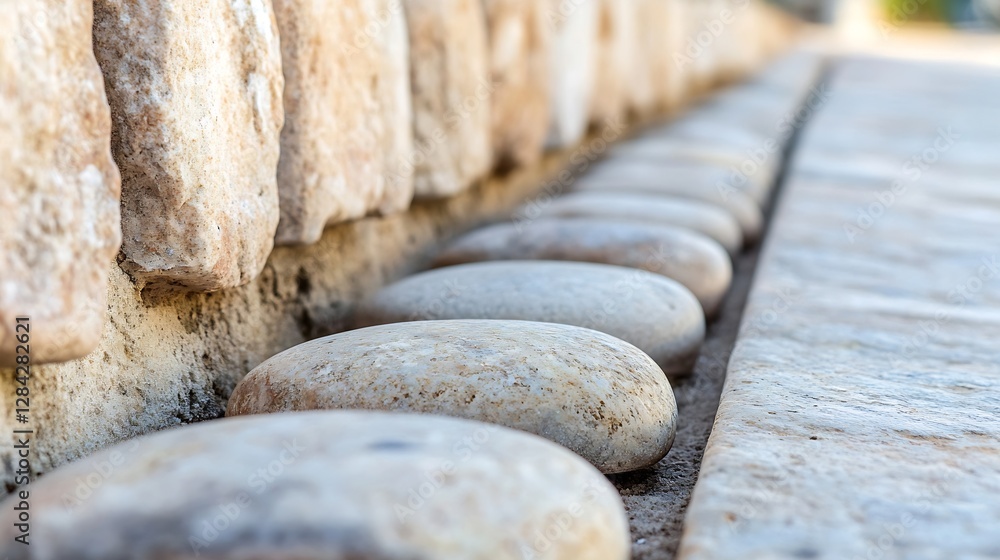 Poster Close up view of smooth decorative stones aligned along a wall adding natural beauty to the environment : Generative AI