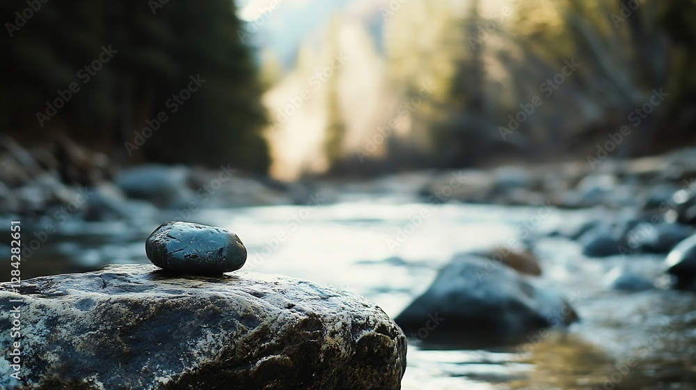 Fototapete tranquil river scene with a smooth stone on large rock illuminated by soft sunlight streaming throug