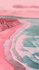 Aerial view pink beach waves sunset. Possible use for travel brochures, postcards