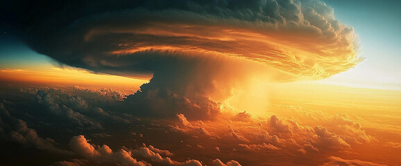 A dramatic and powerful thunderstorm cloud formation above the earth, showcasing an explosive, swirling cloud with vivid colors representing intense weather and natural forces.