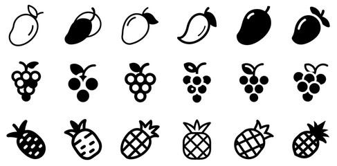 "Mango, Grapes, and Pineapple Vector Icon Set – A Vibrant Tropical Fruit Collection"