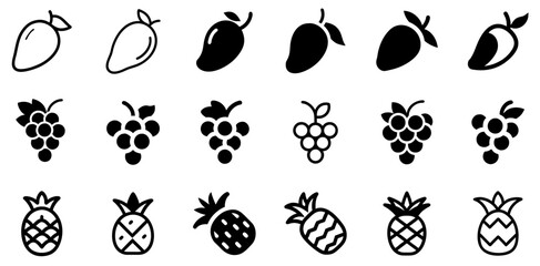 "Mango, Grapes, and Pineapple Vector Icon Set – A Vibrant Tropical Fruit Collection"