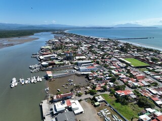 Puntarenas, Costa Rica aerial view of town and harbor.