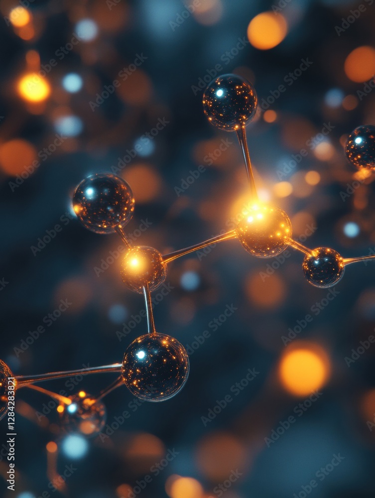 Poster scientific visualization showcases gas molecules in motion with glowing atomic structures at a micro