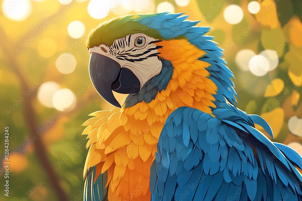 Poster colorful parrot standing in a sunlit forest with bokeh; for ads or editorials