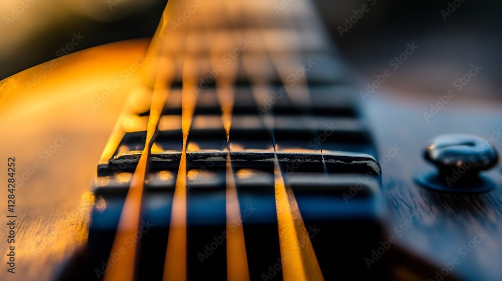 Aufkleber Closeup view of guitar strings and fretboard illuminated by warm sunlight : Generative AI