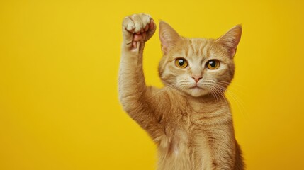 Orange cat with raised paw on yellow background