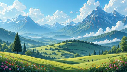 Fototapeta premium Scenic mountain landscape nature digital art lush greenery wide view gigapixel cgi