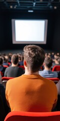 A man in an orange shirt sits in a red chair in a theater. The man is looking at a large screen in front of him. The theater is full of people, and the man is the only one in the orange shirt