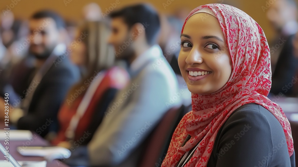 Poster a diverse group of professionals interact and engage in discussions at a conference held in a vibran