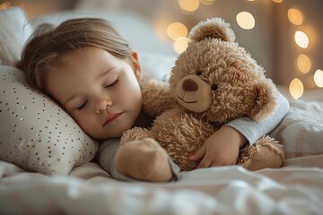 A young girl is sound asleep in her bed, snugly holding a soft teddy bear. The cozy bedroom is softly illuminated by twinkling lights, creating a serene atmosphere