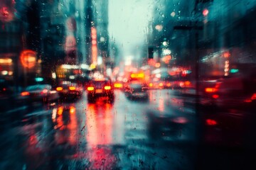 Fototapeta premium Rain falling on car windshield at night, blurred city traffic lights