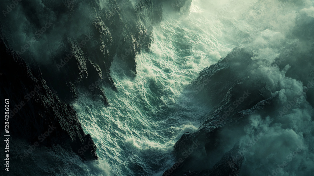 Aufkleber aerial view of turbulent ocean waves crashing against dark rocks, creating a powerful and dramatic s