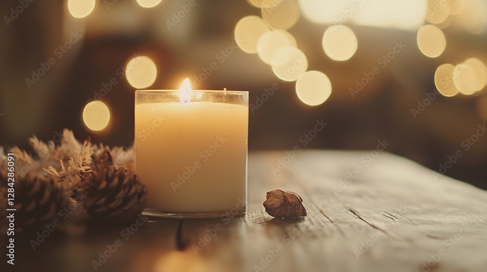 Poster Burning White Candle with Cozy Atmosphere and Soft Focus Lights in Background : Generative AI