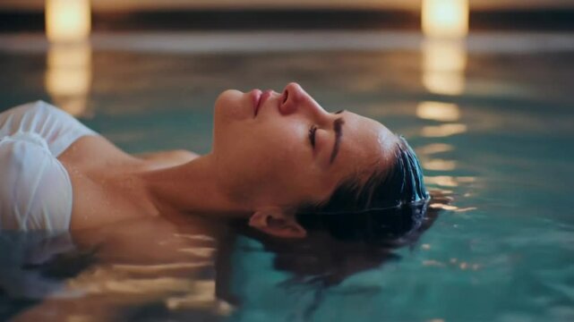 Serene Relaxation: A woman with eyes closed, serene in the water, floats peacefully, embracing the tranquil calmness, embodying a spa day.
