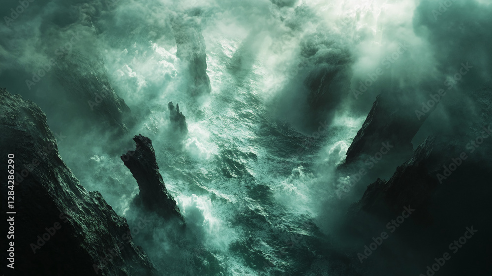 Aufkleber Aerial view of rugged coastal cliffs surrounded by turbulent ocean waves, creating a dramatic and mysterious scene with misty fog and natural power on full display.