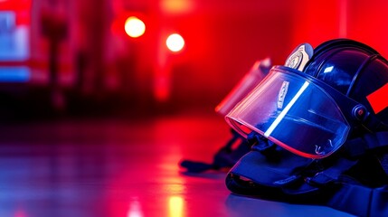 Firefighter helmet resting on the floor in a dimly lit fire station with emergency vehicles in background