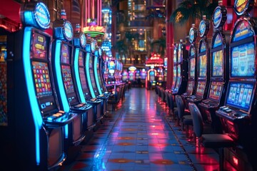 Vibrant casino slot machines illuminated at night