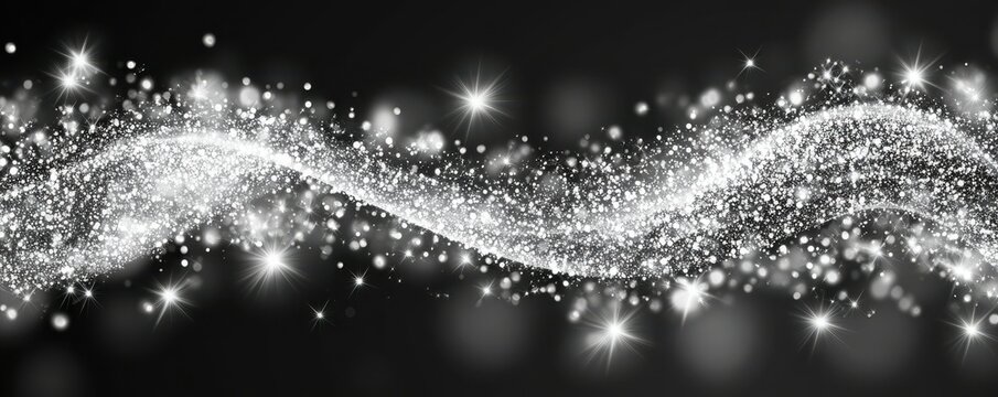 Sparkling silver wave with twinkling stars against black background