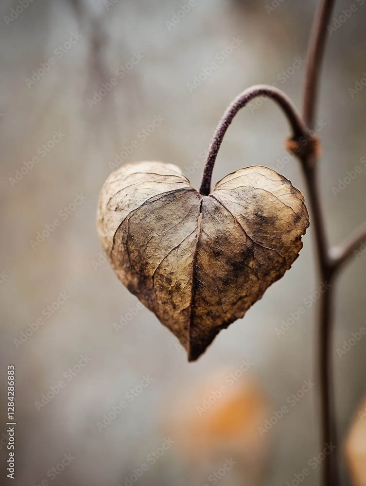 Poster artistic closeup of heartshaped dry leaf on a soft background : generative ai
