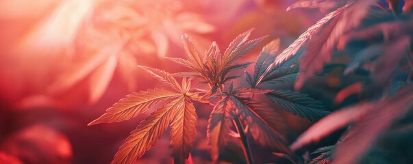 Lush cannabis leaves in warm sunlight creating a beautiful contrast with vibrant colors