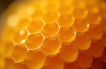 Close-up of honeycomb structure with golden honey
