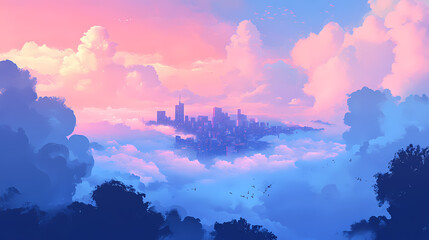 A dreamlike scene of a floating city above the clouds. generative ai. Ethereal City Skyline. Illustration