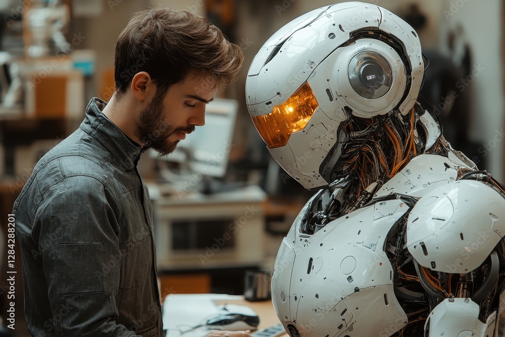 Poster man interacts with humanoid robot in a modern technology workshop during daylight hours
